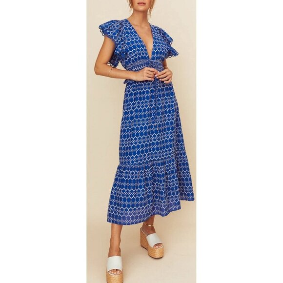O.P.T. Dresses & Skirts - O.P.T Jardin Dress Eyelet Blue V-neck Cotton Midi Women Dress Large